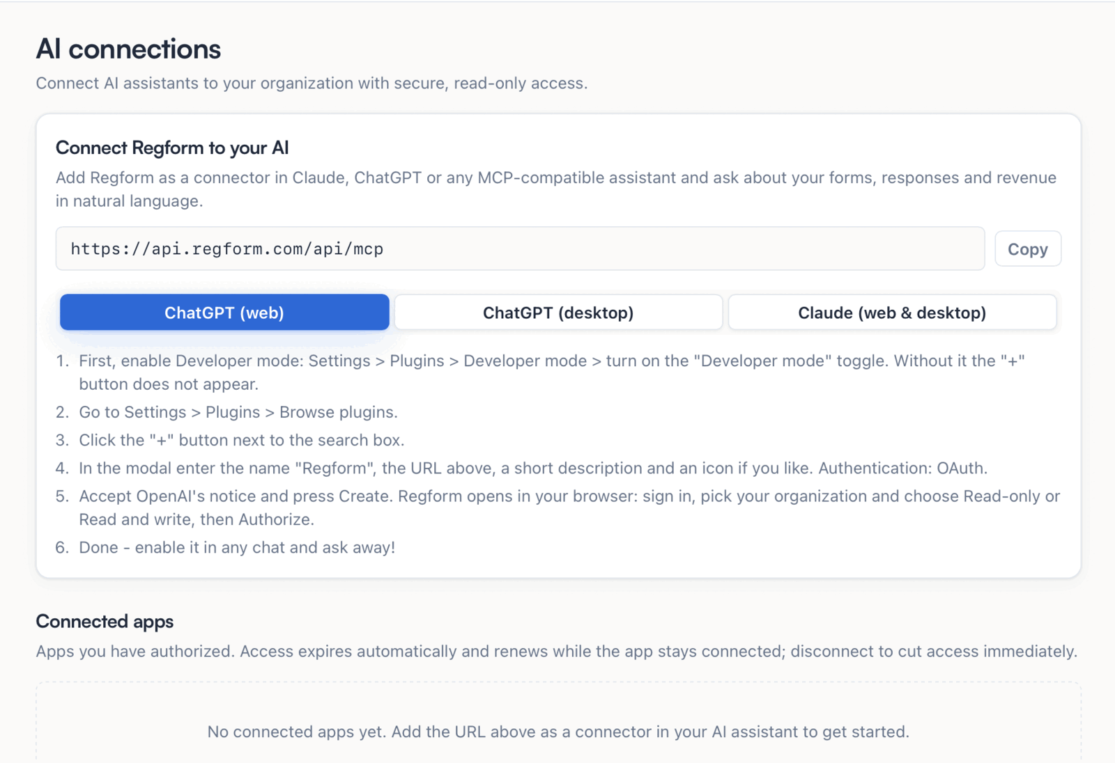 Regform's AI connections screen showing the MCP URL https://api.regform.com/api/mcp with tabs for ChatGPT (web), ChatGPT (desktop), and Claude (web & desktop), step-by-step connector instructions, and a Connected apps list