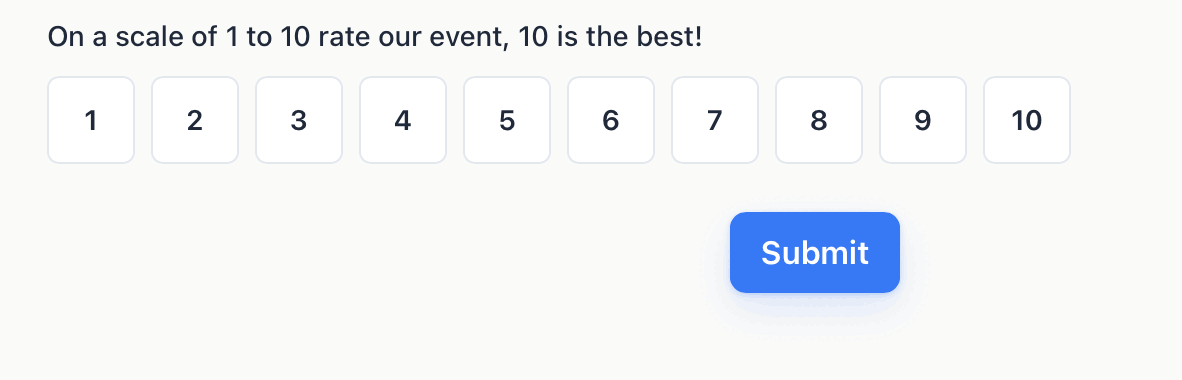 A live Regform form showing a linear scale question from 1 to 10 with a Submit button