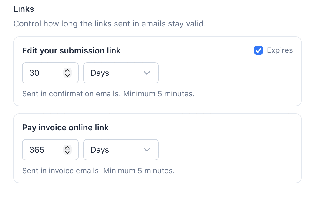 Form Settings → Links panel showing “Edit your submission link” set to 30 days with an Expires checkbox, and “Pay invoice online link” set to 365 days; both note a minimum of 5 minutes