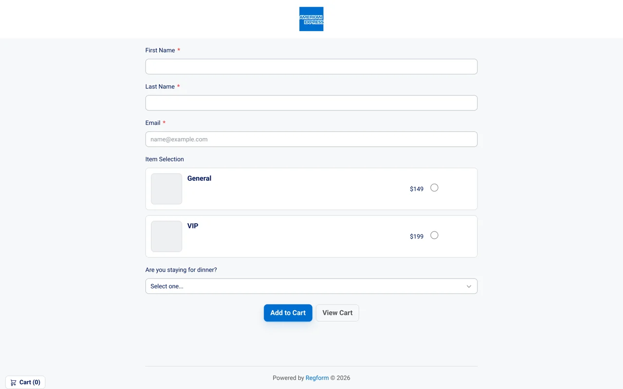 Quiet blue illustrative registration design: A compact blue logo and matching action button sit above and below a cool, light form. The form keeps name and email fields, General and VIP ticket choices, a dinner selection, and cart actions.