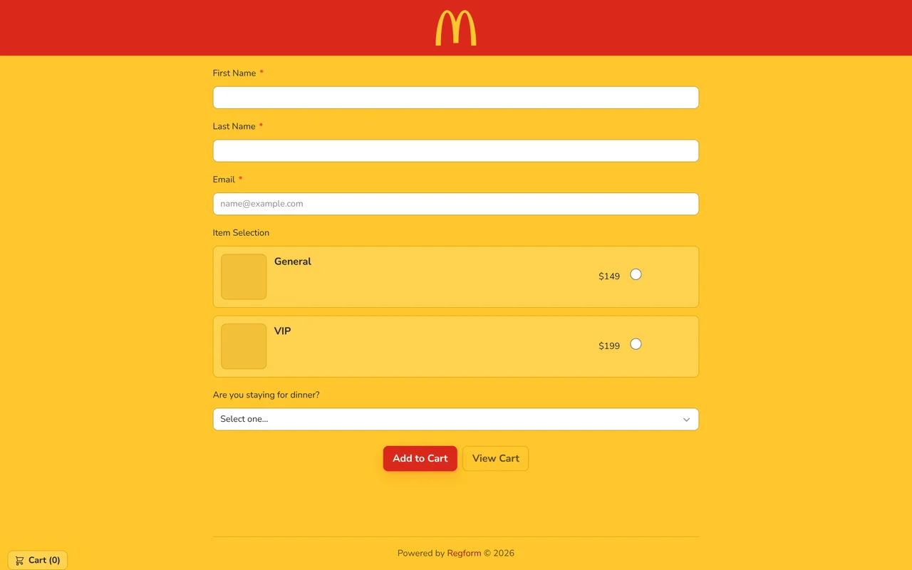 Bold & bright illustrative registration design: A saturated yellow background and red header and button give the same registration a vivid treatment. The form keeps name and email fields, General and VIP ticket choices, a dinner selection, and cart actions.