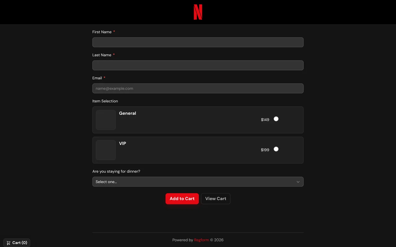 Dark & high contrast illustrative registration design: Charcoal fields and ticket cards sit on a dark background, with a red action button. The form keeps name and email fields, General and VIP ticket choices, a dinner selection, and cart actions.