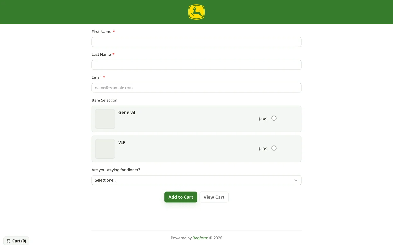 Fresh green illustrative registration design: A green header and action button coordinate with softly tinted ticket cards. The form keeps name and email fields, General and VIP ticket choices, a dinner selection, and cart actions.