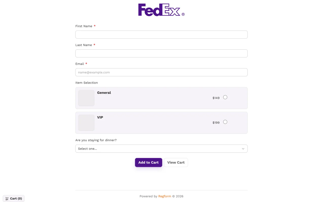 Light & minimal illustrative registration design: A white background, quiet gray fields, and a purple action button keep attention on the registration. The form keeps name and email fields, General and VIP ticket choices, a dinner selection, and cart actions.