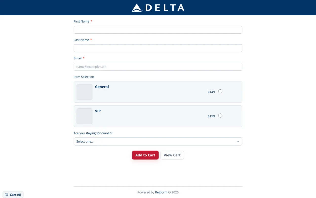 Structured navy illustrative registration design: A navy header and red action button add contrast to a pale, spacious form. The form keeps name and email fields, General and VIP ticket choices, a dinner selection, and cart actions.