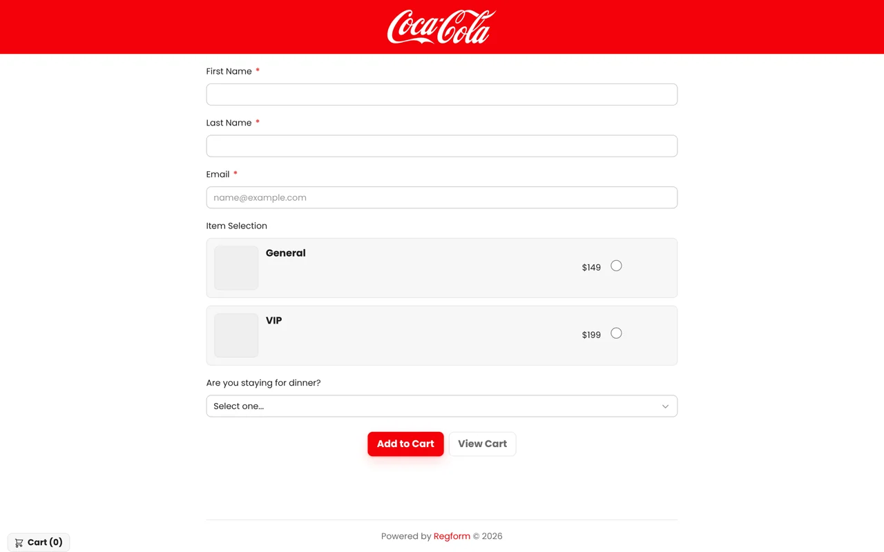 Crisp red accents illustrative registration design: A red logo bar and action button stand out against white fields and light ticket cards. The form keeps name and email fields, General and VIP ticket choices, a dinner selection, and cart actions.
