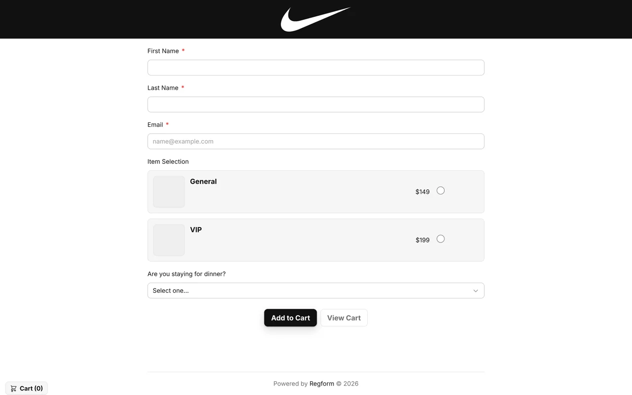 Restrained monochrome illustrative registration design: A black logo bar and matching action button frame a white form with pale ticket cards. The form keeps name and email fields, General and VIP ticket choices, a dinner selection, and cart actions.
