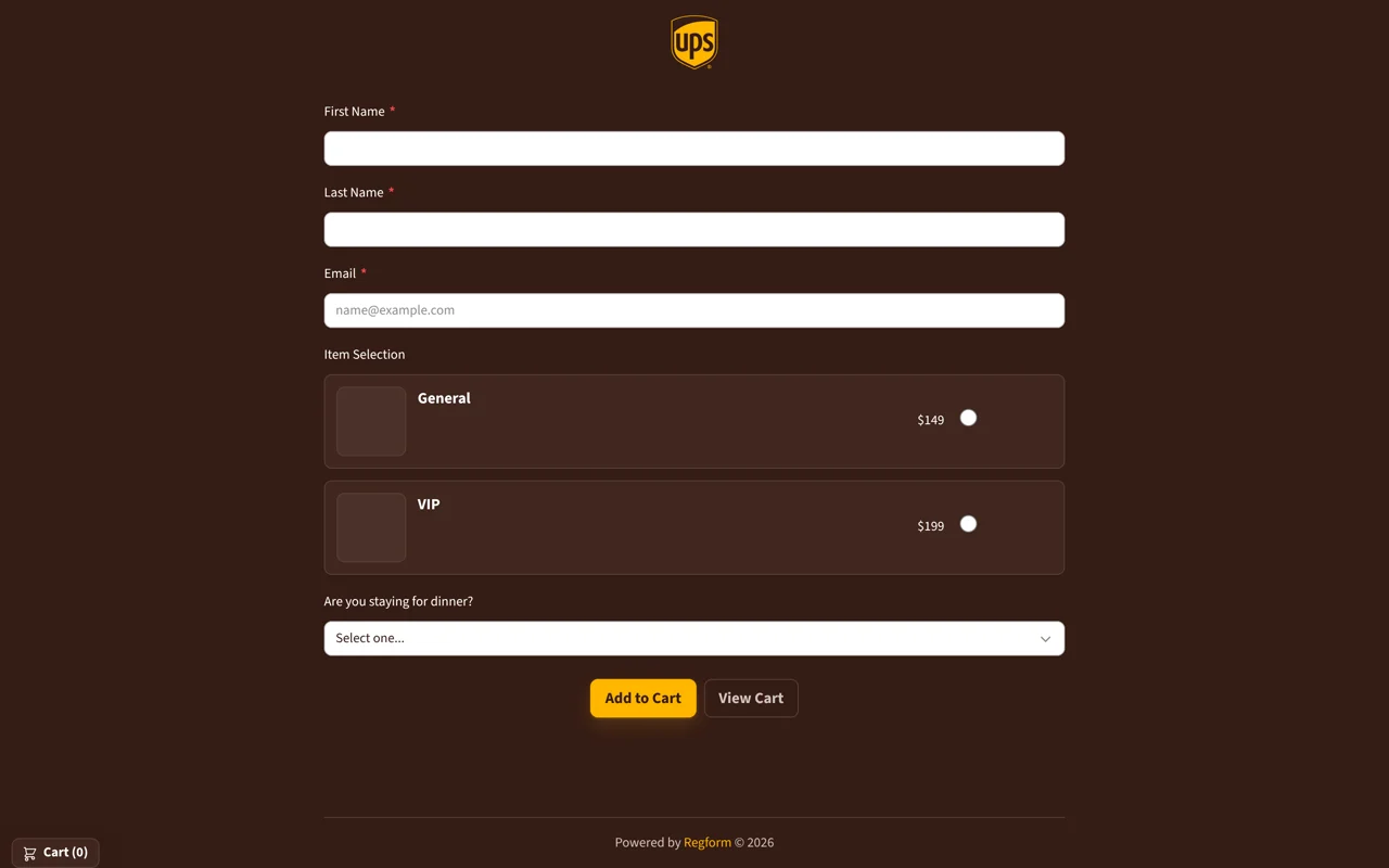Warm & dark illustrative registration design: A deep brown background, white fields, and a gold action button create a warmer dark treatment. The form keeps name and email fields, General and VIP ticket choices, a dinner selection, and cart actions.