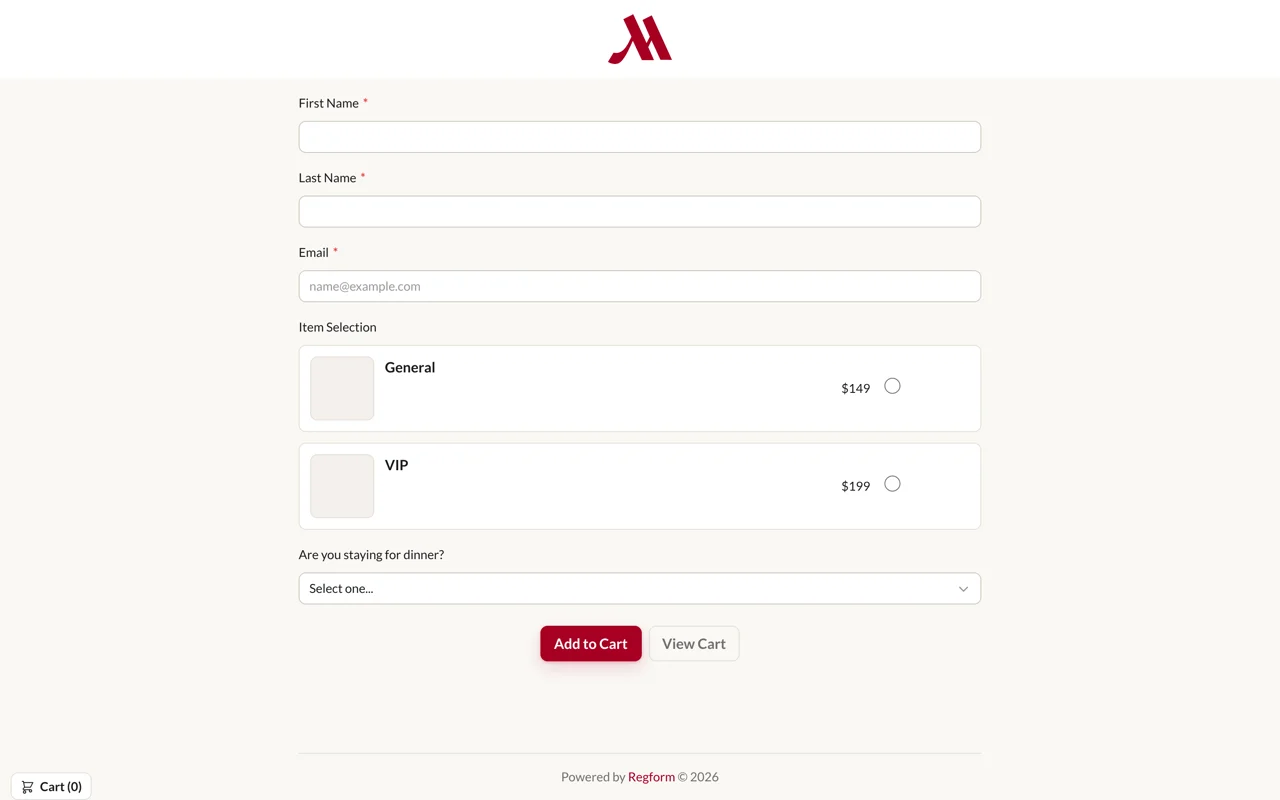 Warm & understated illustrative registration design: A warm off-white surface and burgundy accents give the same form a restrained finish. The form keeps name and email fields, General and VIP ticket choices, a dinner selection, and cart actions.